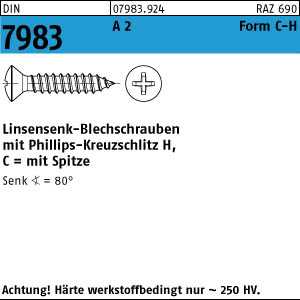Linsensenk-Blechschraube DIN 7983 Edelstahl A2 Form C-H 3,5 x 16-100 St/ück
