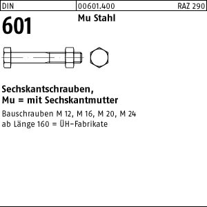 10 St/ück mit Sechskantmutter DIN 601 Mu Stahl Sechskantschrauben Abmessung: M16x460